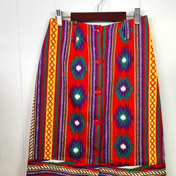 Vintage 1960s 1970s Southwestern Print Maxi Skirt High Rise Waisted Red Size XS - Picture 7 of 13
